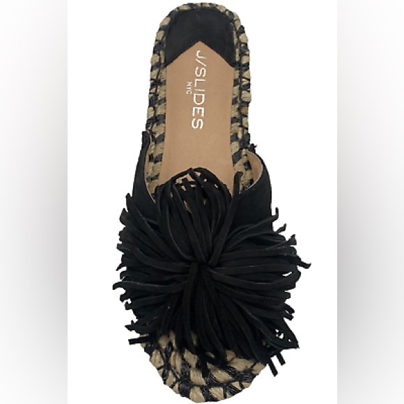 J/Slides NYC Pom Pom Ruby Leather Slide Black Espadrille NWOT - Picture 3 of 3
